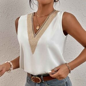 New TeCrew Womens Casual Solid Color V Neck Tank Tops Sleeveless Lace Stitching